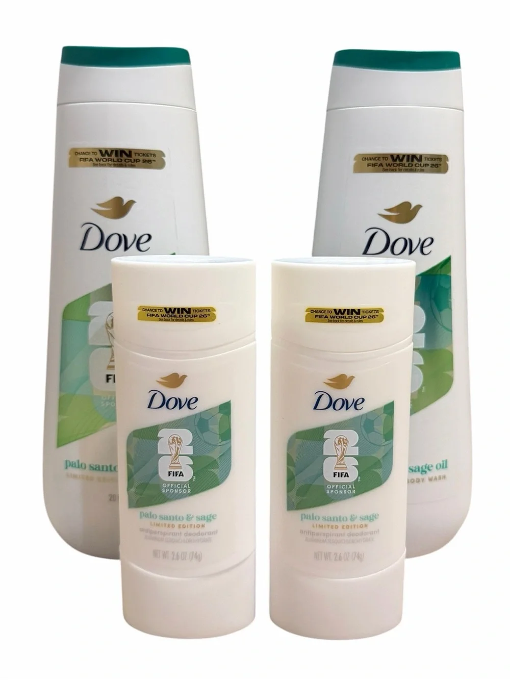 4x Dove Palo Santo & Sage Oil Limited Edition FIFA Mens Body Wash Deodorant Lot